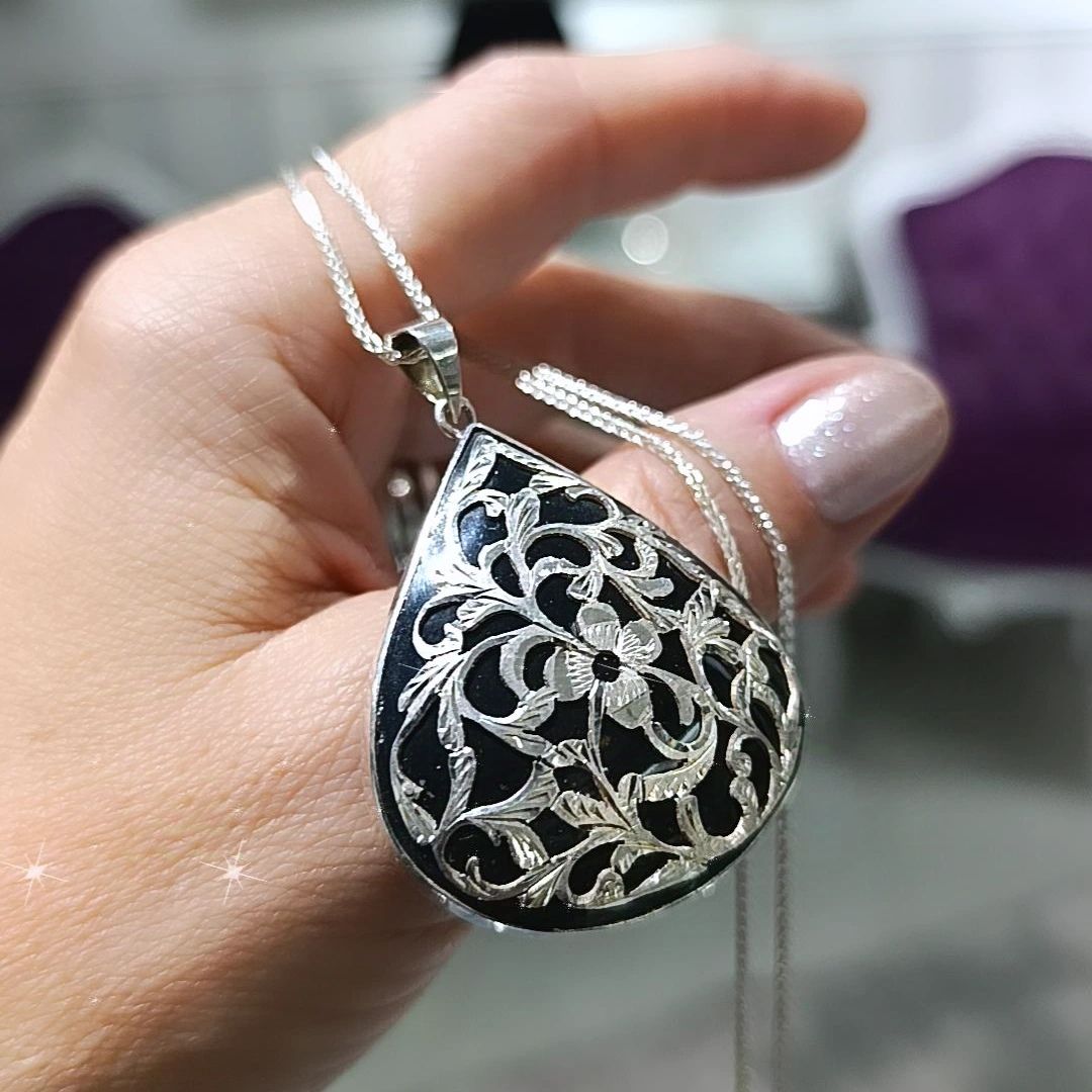 Oltu Taşı Elişi Tasarım Damla Gümüş Kolye