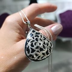 Oltu Taşı Elişi Tasarım Damla Gümüş Kolye