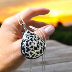 Oltu Taşı Elişi Tasarım Damla Gümüş Kolye