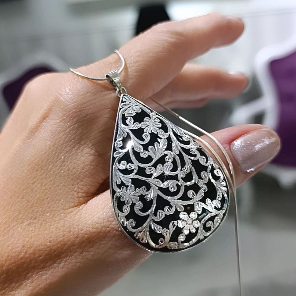 Oltu Taşlı Elişi Tasarım Damla Gümüş Kolye