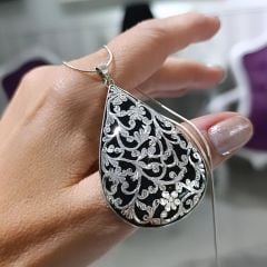 Oltu Taşlı Elişi Tasarım Damla Gümüş Kolye