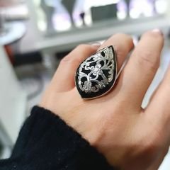 Oltu Taşlı Tasarım El işi Gümüş Badem Yüzük