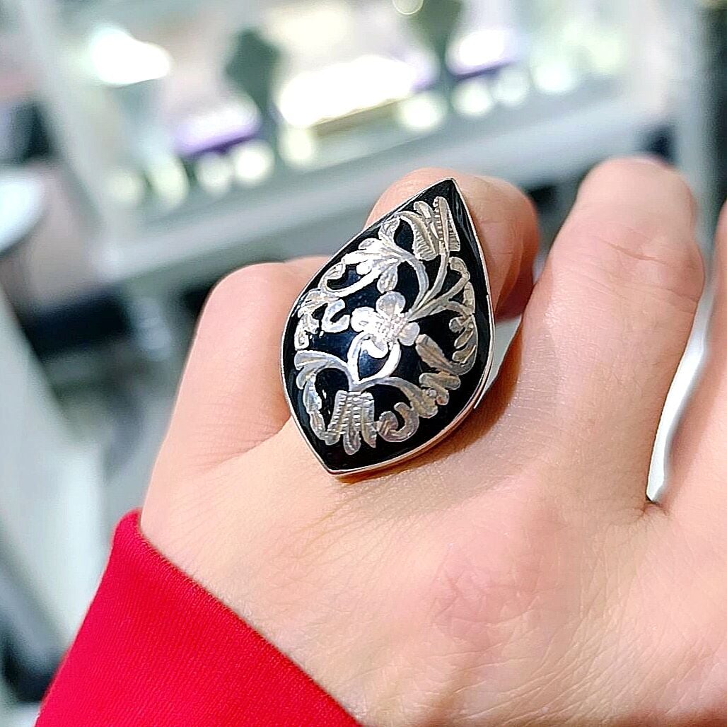 Oltu Taşlı Damla Model Tasarım Gümüş Yüzük