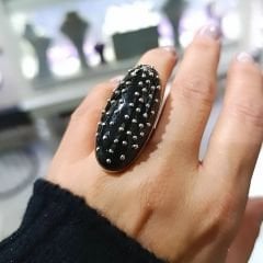 Oltu Taşlı Çivili Oval Tasarım Gümüş Yüzük