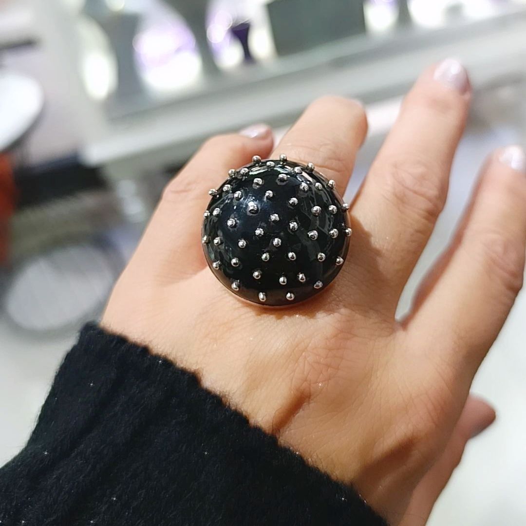 Oltu Taşlı Çivili Tasarım Gümüş Yuvarlak Yüzük