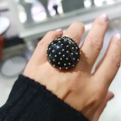 Oltu Taşlı Çivili Tasarım Gümüş Yuvarlak Yüzük