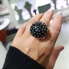 Oltu Taşlı Çivili Tasarım Gümüş Yuvarlak Yüzük