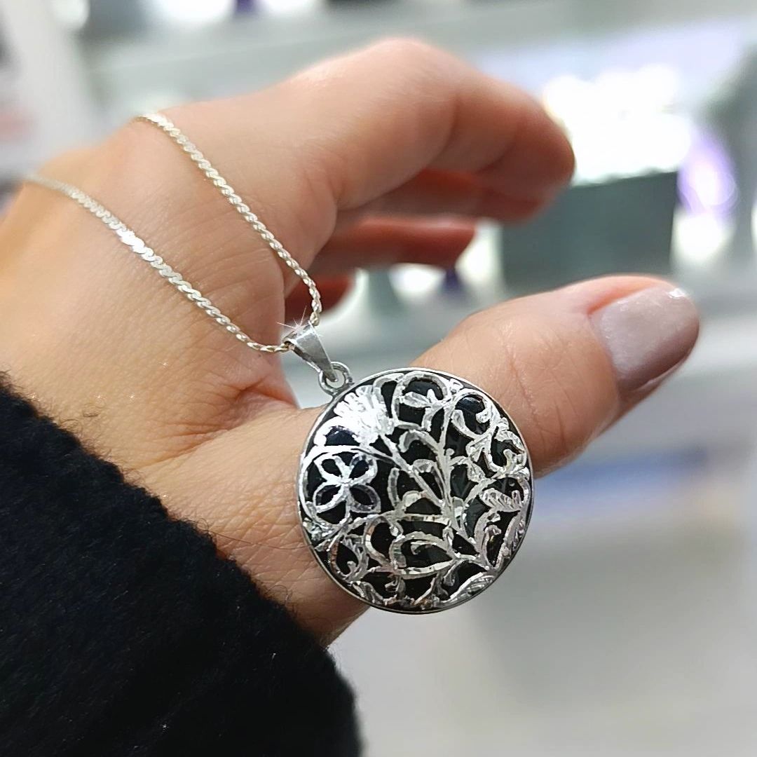 Oltu Taşlı Tasarım Elişi Gümüş Kolye