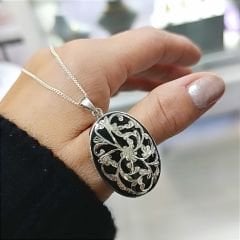 Oltu Taşlı Oval Tasarım Gümüş Kolye