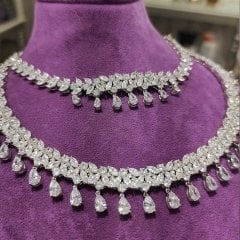 Mozanit ve Swarovski Taşlı, Altın Kaplamalı İthal Gümüş Kolye