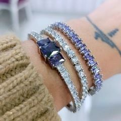 Swarovski Taşlı, Altın Rodajlı Suyolu İthal Gümüş Kelepçe Bilezik