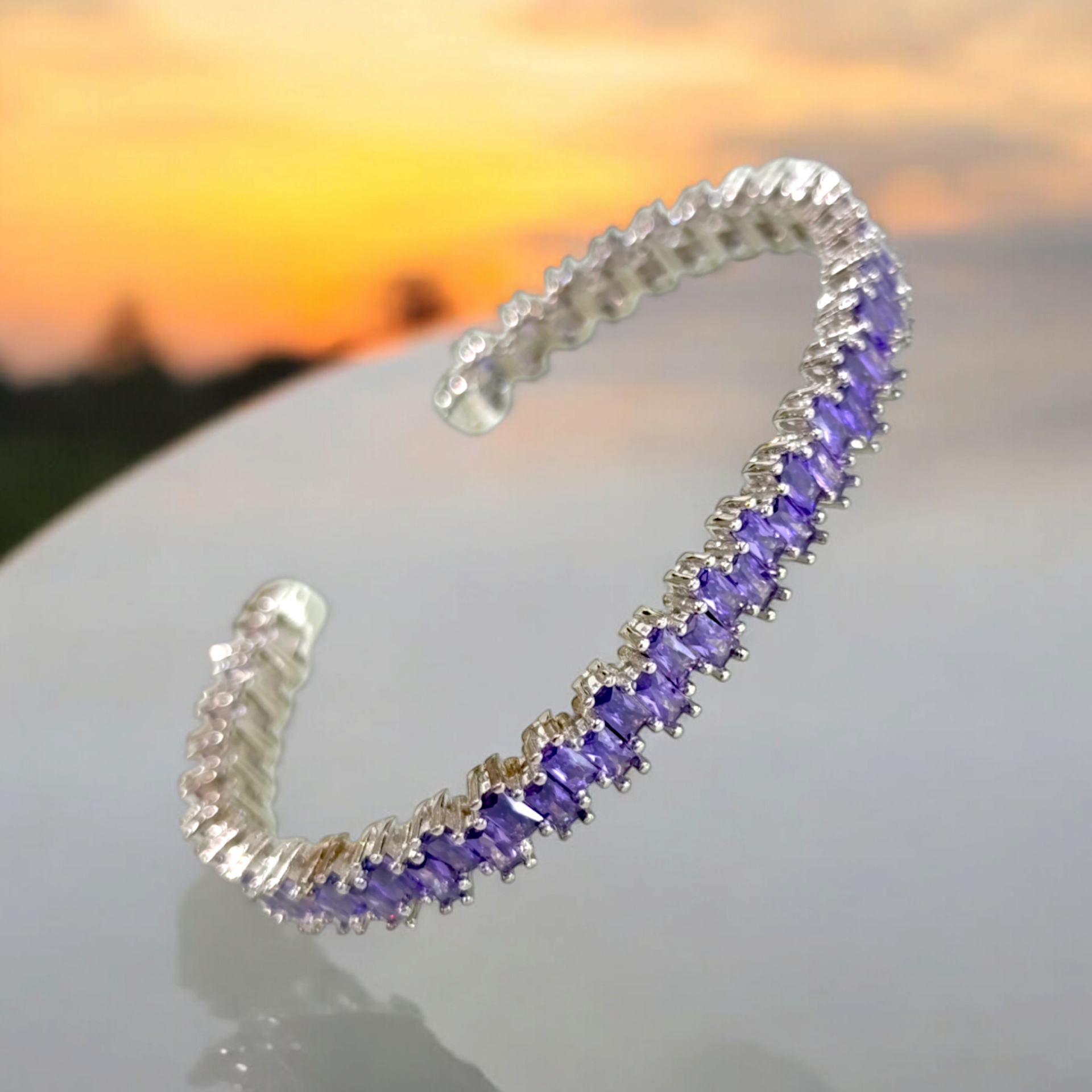 Swarovski Bagety Taşlı Mor İthal Gümüş Bilezik