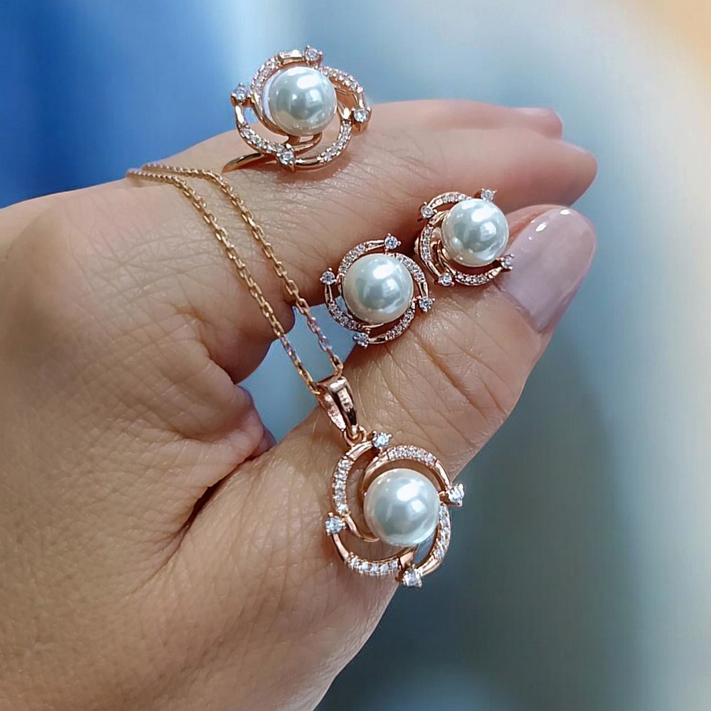 İnci Taşlı Rose Altın Kaplama Gümüş Set