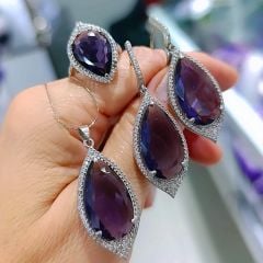 Ametist Taşlı, Altın Rodajlı İthal Gümüş Set