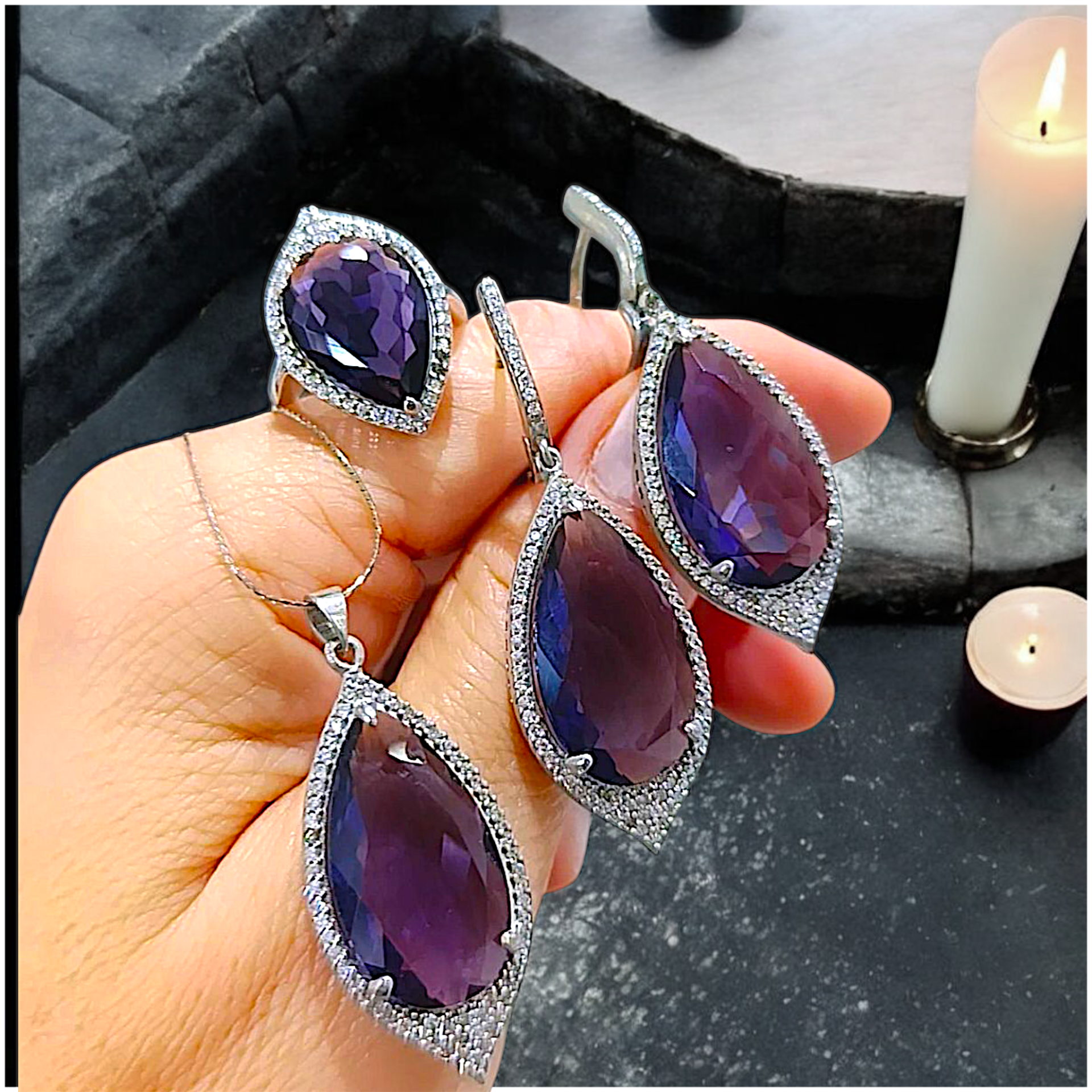 Ametist Taşlı, Altın Rodajlı İthal Gümüş Set