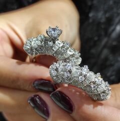 Swarovski Taşlı İthal, Altın Kaplamalı Gümüş Yüzük Set