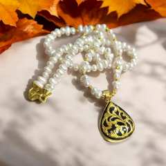 Hakiki inci,Oltu Taşlı Altın kaplamalı Tasarım Gümüş Kolye