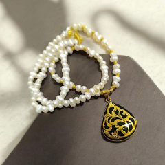 Hakiki inci,Oltu Taşlı Altın kaplamalı Tasarım Gümüş Kolye