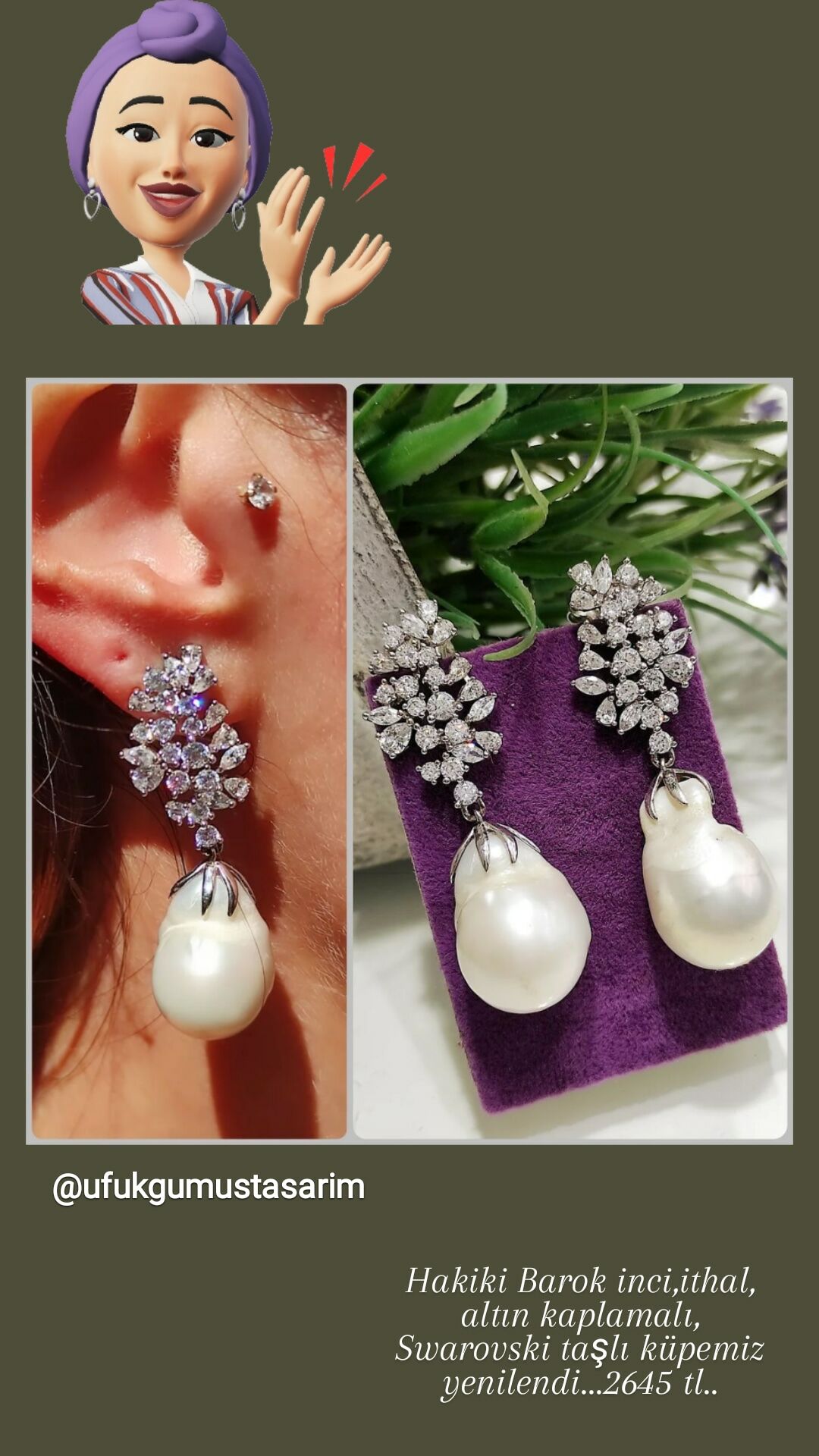 Barok incili, Altın kaplamalı Swarovski taşlı gümüş küpe