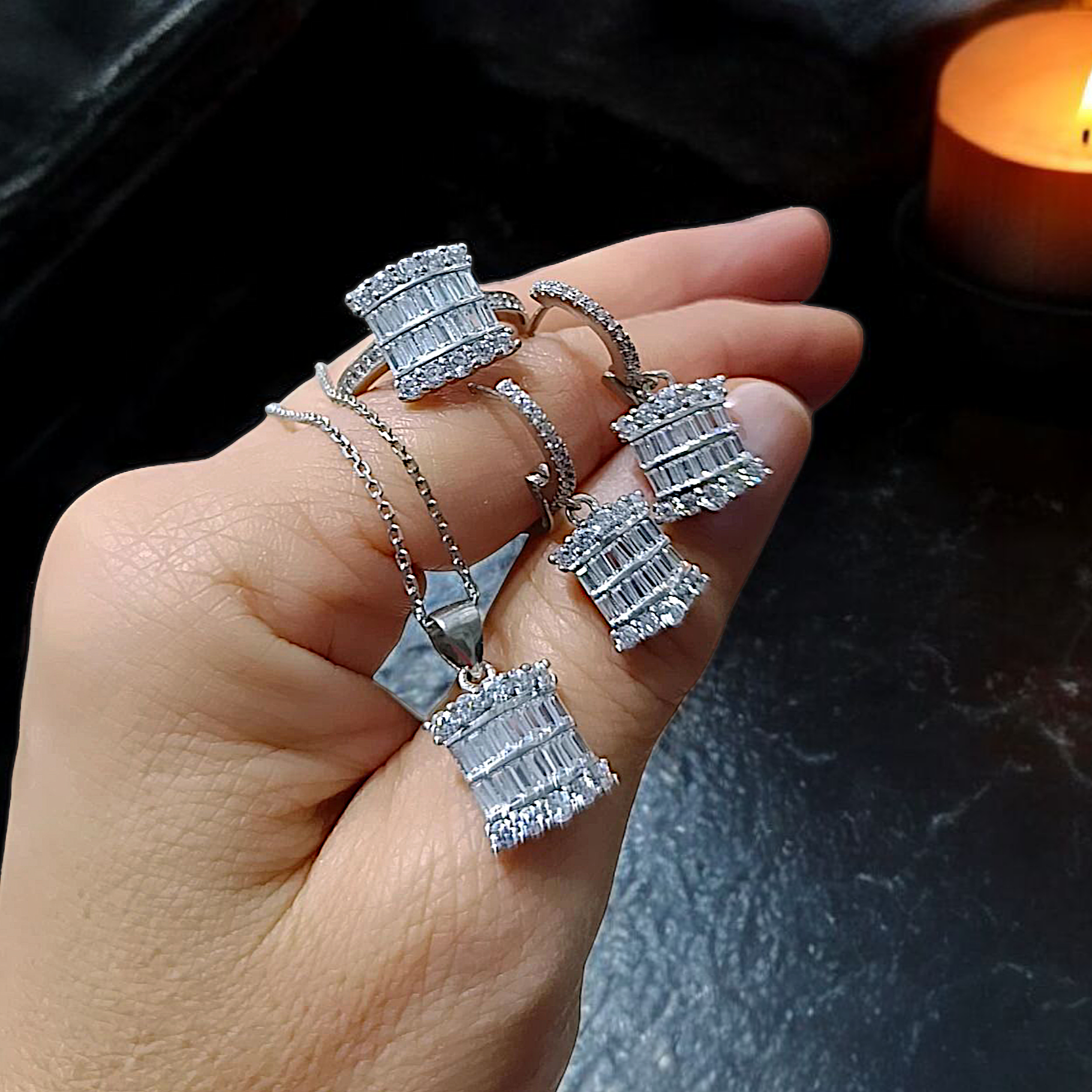 Bagety Swarovski Taşlı Altın Kaplamalı Gümüş Set