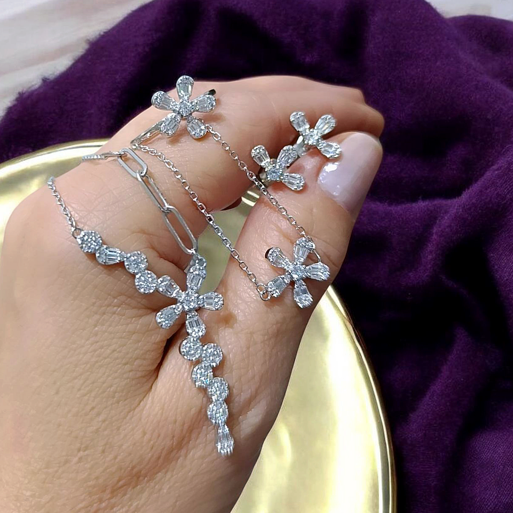 Bagety Swarovski Taşlı Altın kaplamalı Gümüş Set