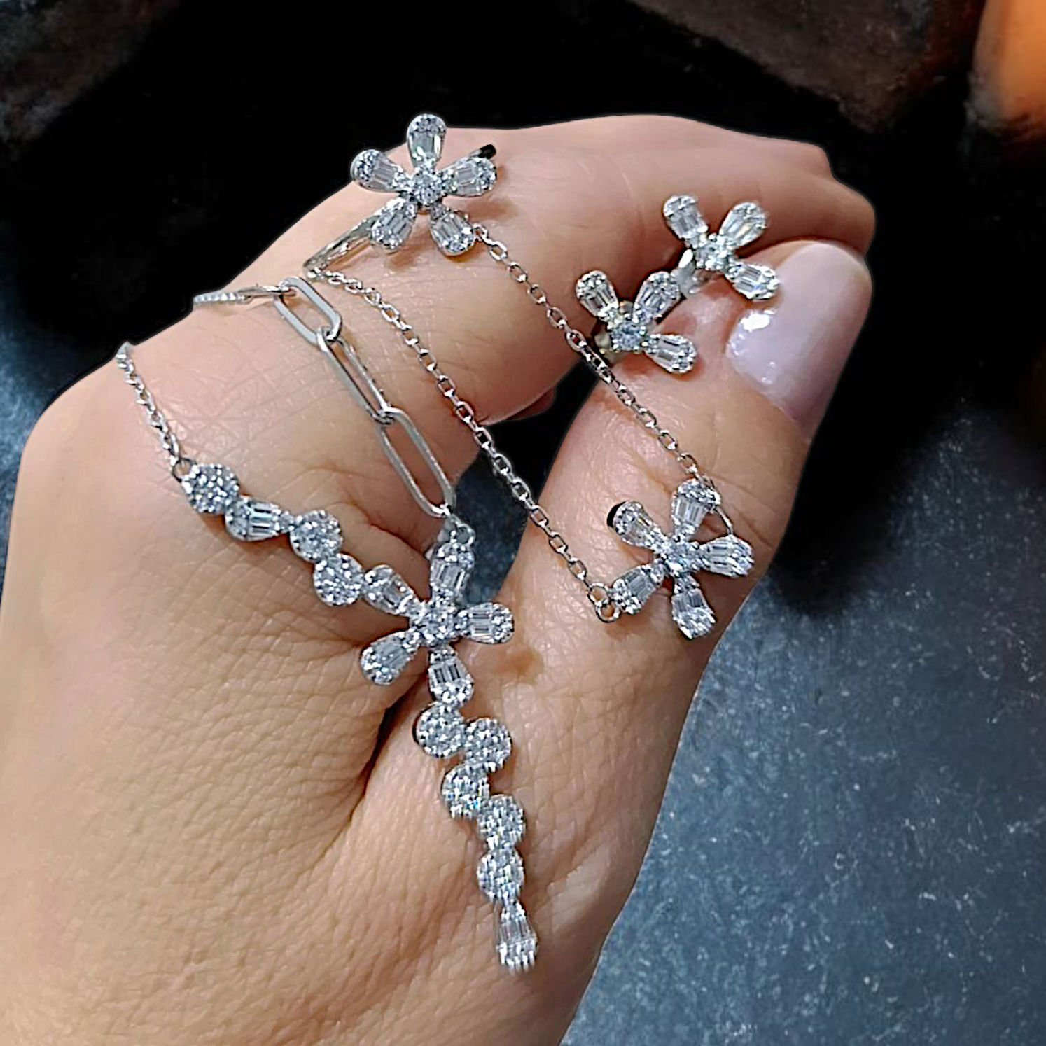 Bagety Swarovski Taşlı Altın kaplamalı Gümüş Set