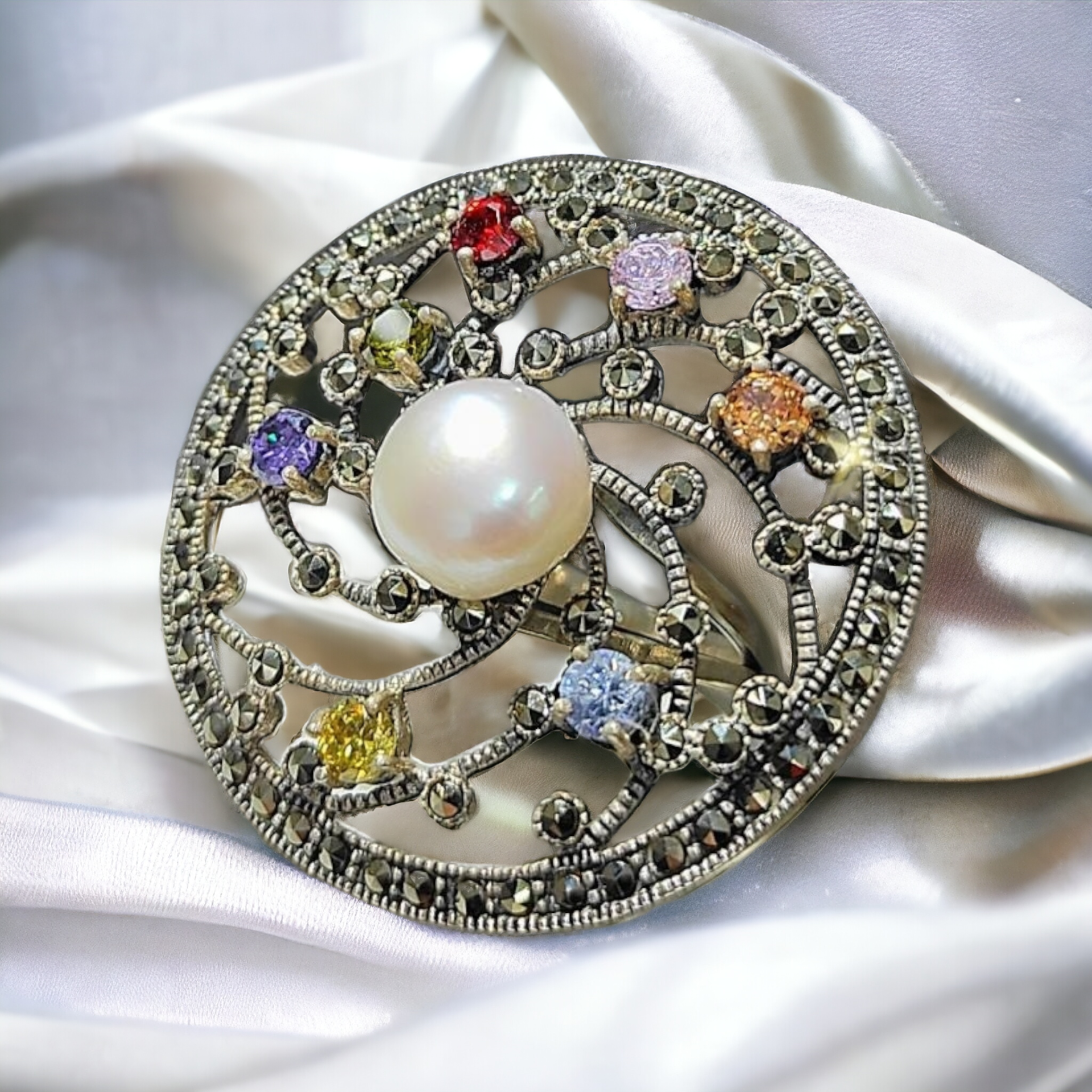 İnci ve Doğal taşlı Gümüş İthal Tasarım Yüzük