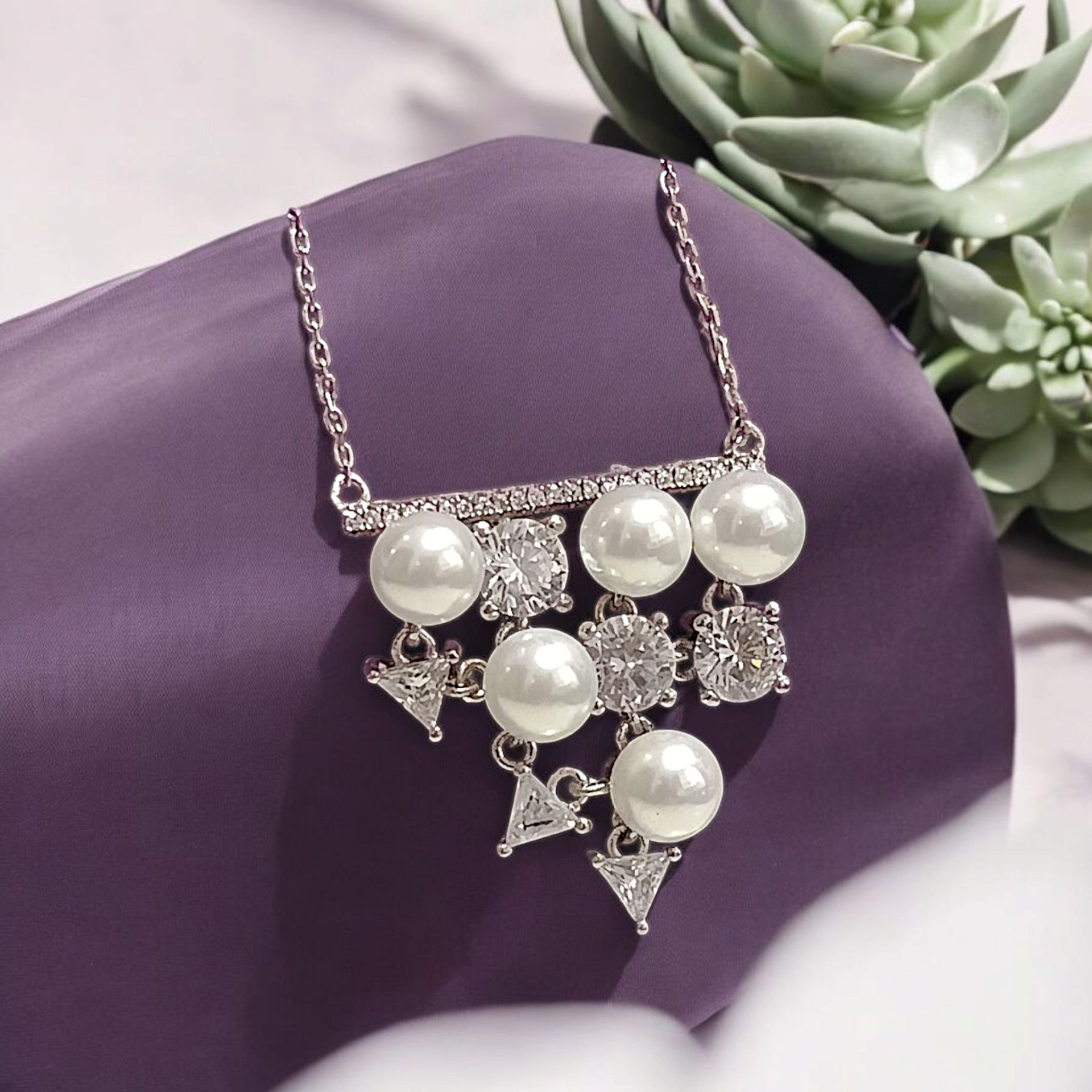 Swarovski ve inci Taşlı İthal Gümüş Kolye