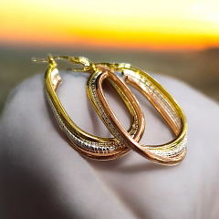 3 Renkli Altın Kaplamalı Oval Gümüş Küpe (4cm)