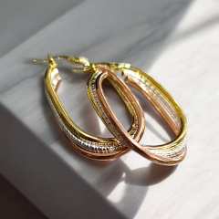 3 Renkli Altın Kaplamalı Oval Gümüş Küpe (4cm)