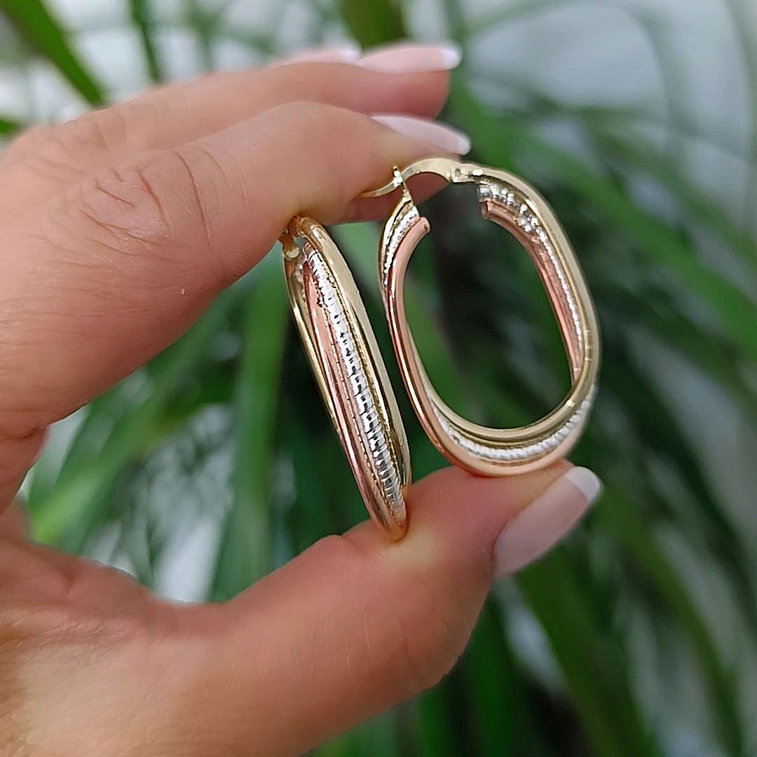 3 Renkli Altın Kaplamalı Oval Gümüş Küpe (4cm)