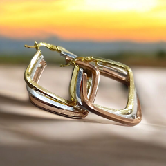 3 Renkli Altın Kaplamalı Kare Gümüş Küpe ( 3.5 cap)