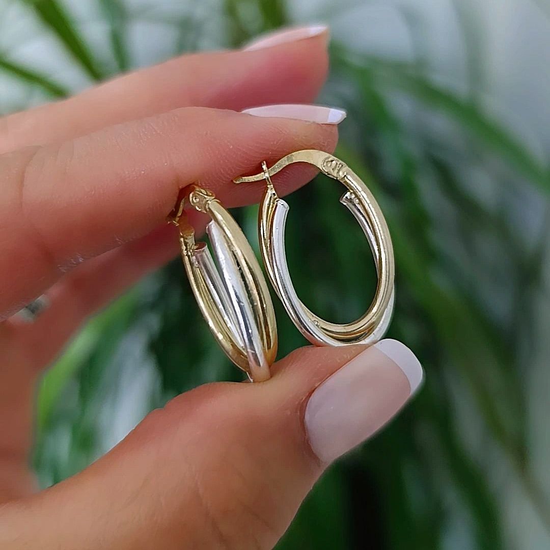 2 renkli Altın Kaplamalı Gümüş oval Halka küpe