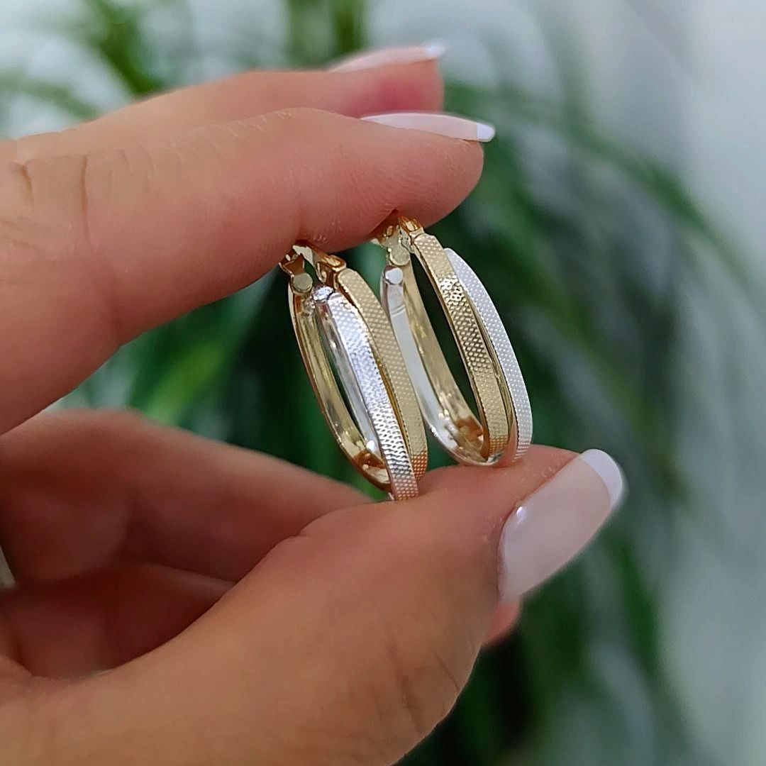 2 Renkli Gümüş Üzerine Altın kaplamalı Halka Küpe