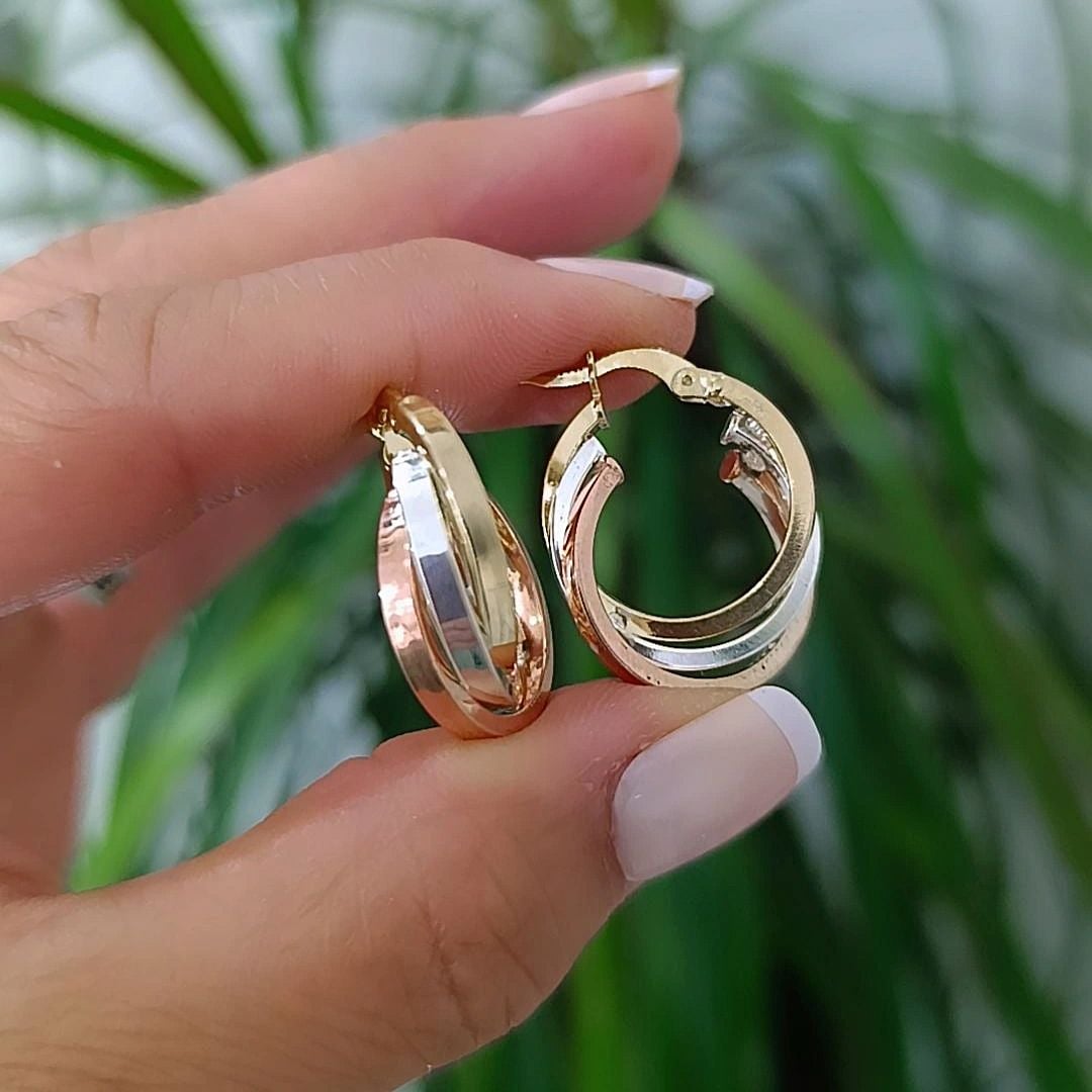 3 Renkli Gümüş üzerine Altın Rodajlı Halka Küpe