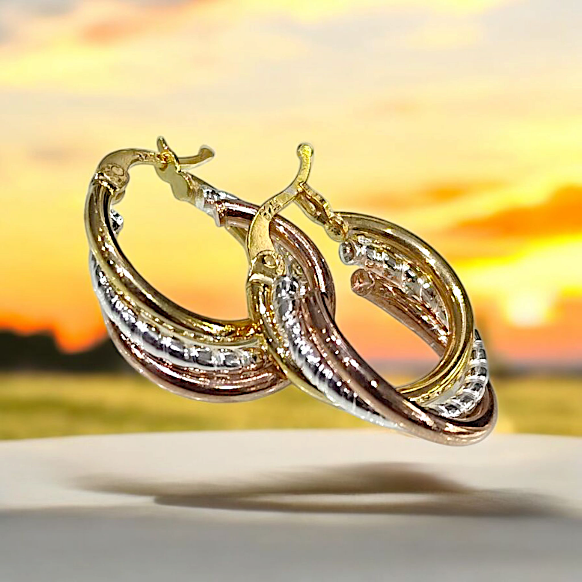 3 Renkli Gümüş Üzerine Altın Kaplamalı Halka Küpe