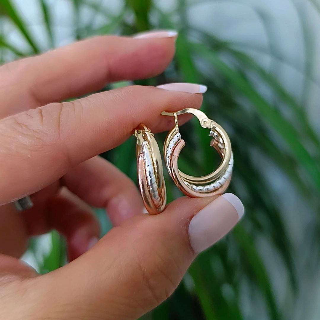 3 Renkli Gümüş Üzerine Altın Kaplamalı Halka Küpe