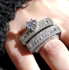 Swarovski Bagety Taşlı Altın Kaplamalı Gümüş Yüzük Set