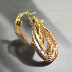 3 Renkli Gümüş Üzerine Altın Kaplamalı Oval Halka Küpe