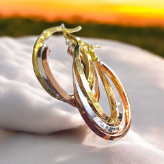 3 Renkli Gümüş Üzerine Altın Kaplamalı Oval Halka Küpe