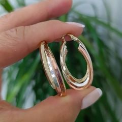 3 Renkli Gümüş Üzerine Altın Kaplamalı Oval Halka Küpe