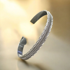 Unisex Mardin Elişi Tasarım Gümüş Kelepçe Bilezik