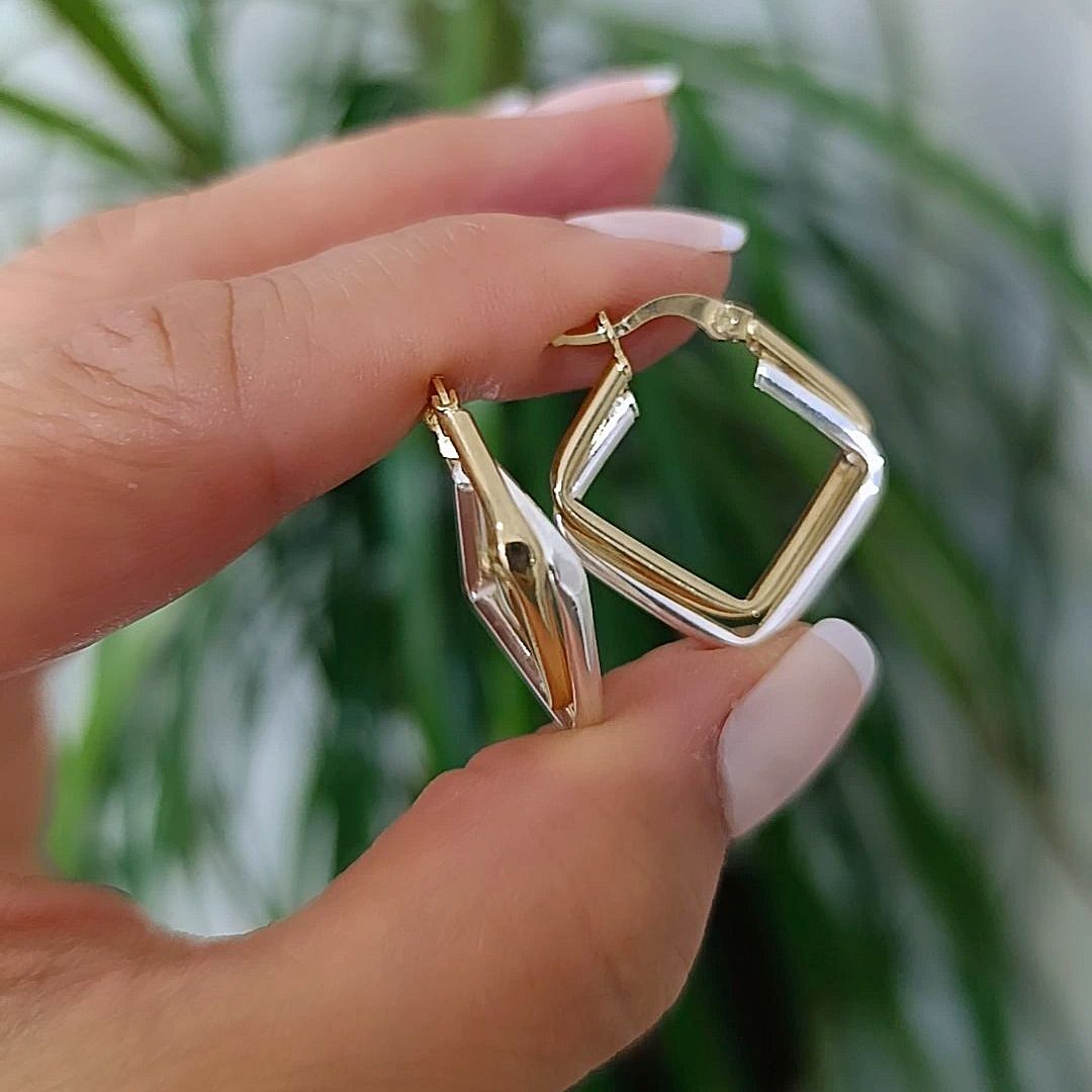 2 Renkli Kare Kesim Altın Rodajlı Gümüş Küpe