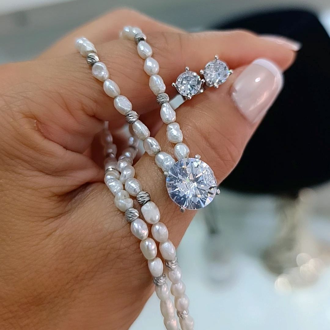 Hakiki inci ve Swarovski Taşlı Gümüş Tasarım Set
