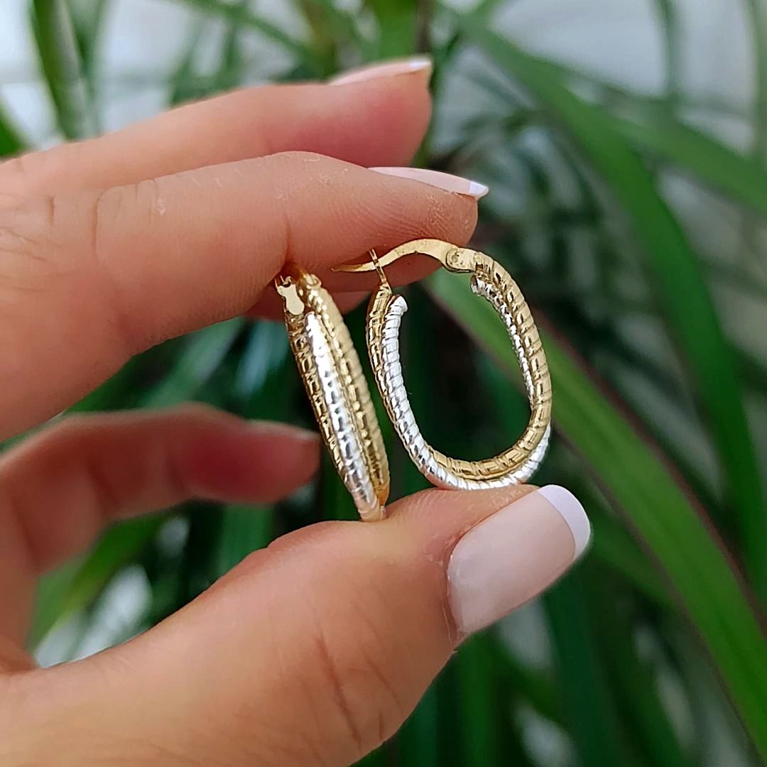 2 Renkli ,Altin Rodajlı Gümüş Oval Küpe