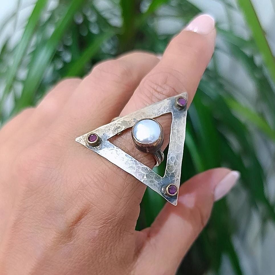 Hakiki inci Taşlı Tek Tasarım Otantik Gümüş Yüzük