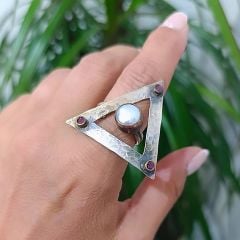 Hakiki inci Taşlı Tek Tasarım Otantik Gümüş Yüzük