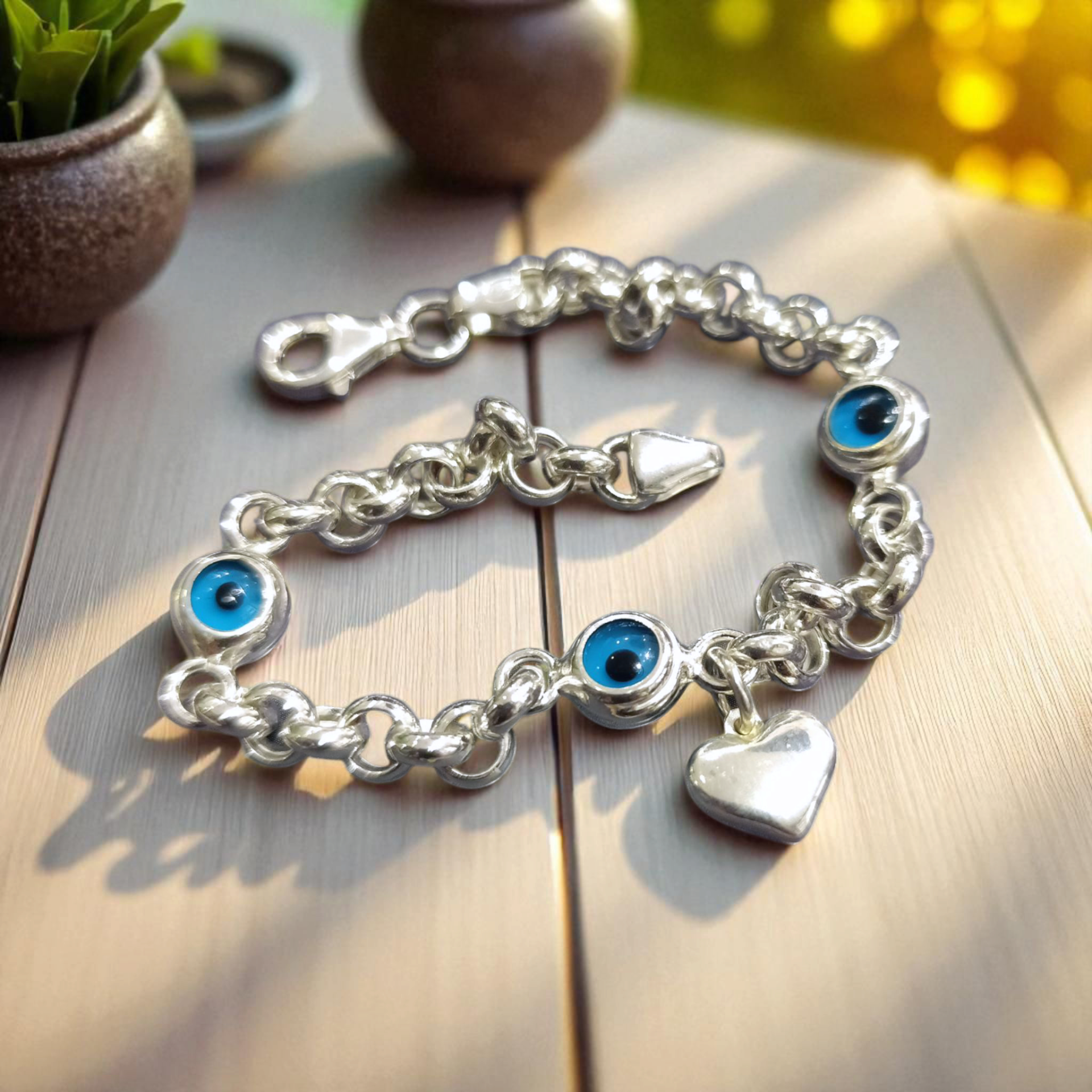Nazar boncuklu kalp li, Gümüş Halka Bileklik