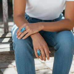 Fruze (Turkuaz)Taşlı Tasarım Oval Gümüş Yüzük