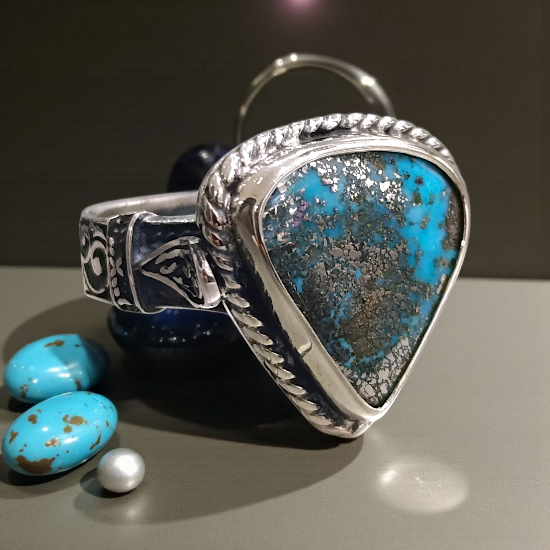 Firuze (Turkuaz) Taşlı Tasarım Gümüş Yüzük